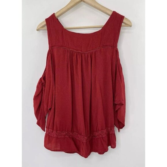 Knox Rose Women’s Red Embroidered Cold Shoulder Tie Sleeve Blouse Sz Small Boho - Picture 2 of 10